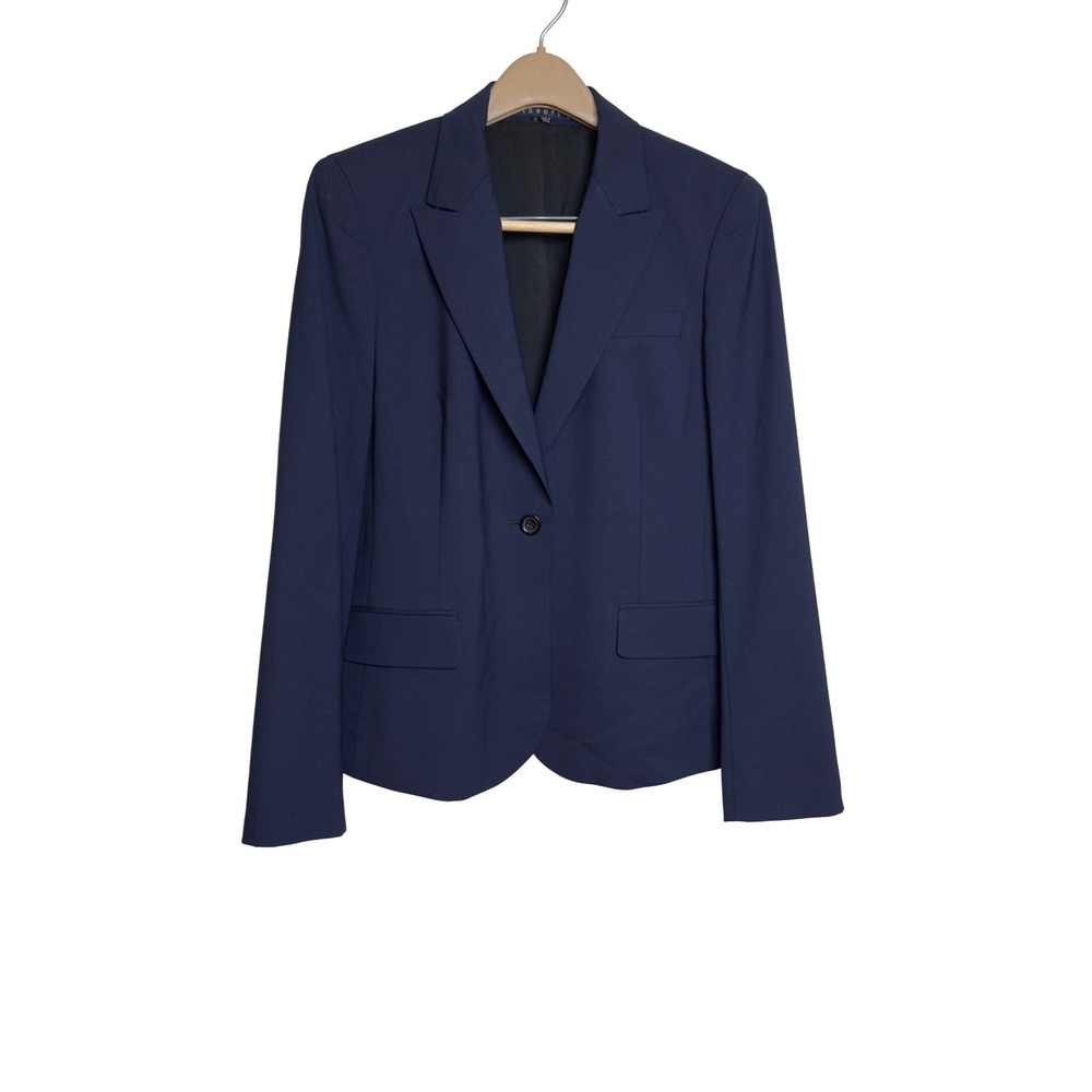Theory Womens Gabe B Broadway Navy Blazer Size 12 Single Button Wool Stretch